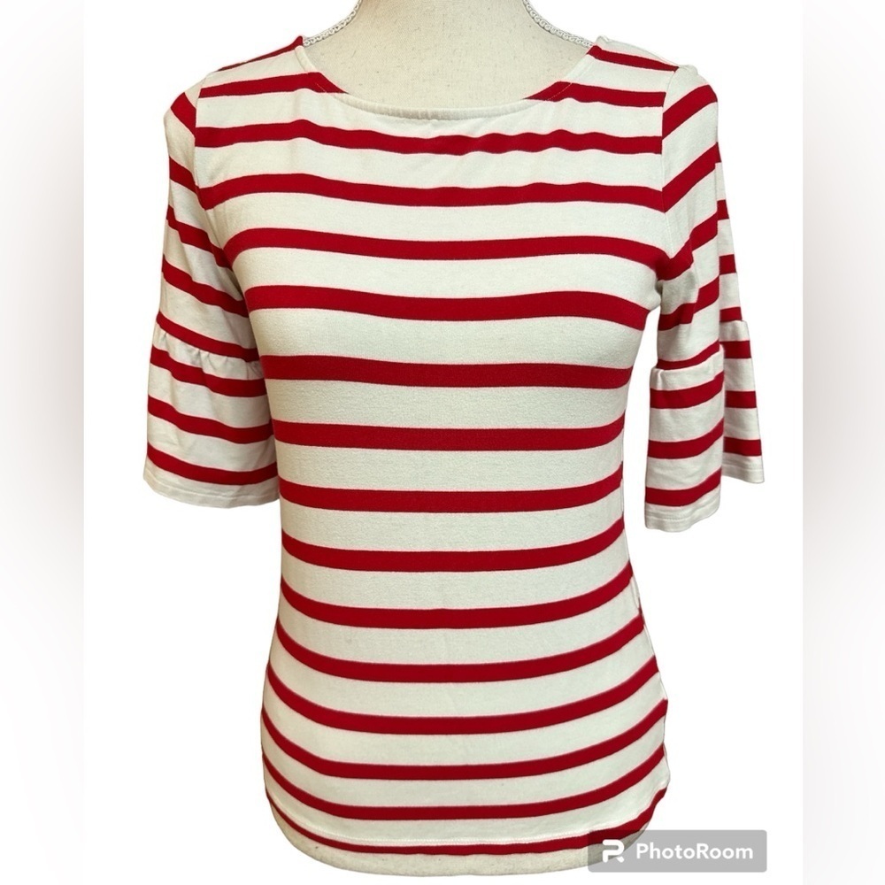 Talbots Petites Bodycon Stretchy Scoop Neck Nell Sleeve Red/White Striped Top P